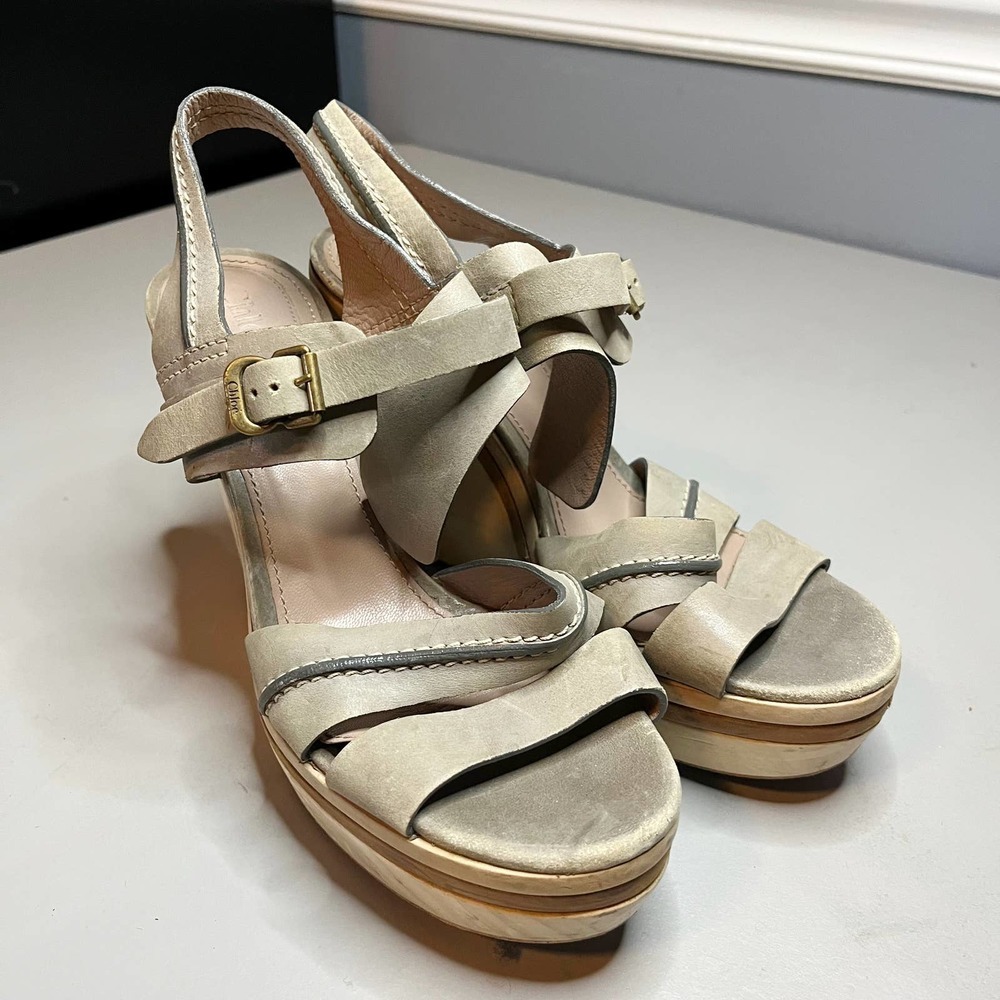 Chloe Platform Wedge Sandals Women's Size 38.5 US 8.5 Gray Leather